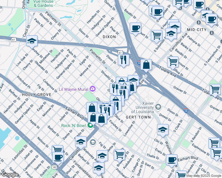 map of restaurants, bars, coffee shops, grocery stores, and more near 3601 Dante Street in New Orleans