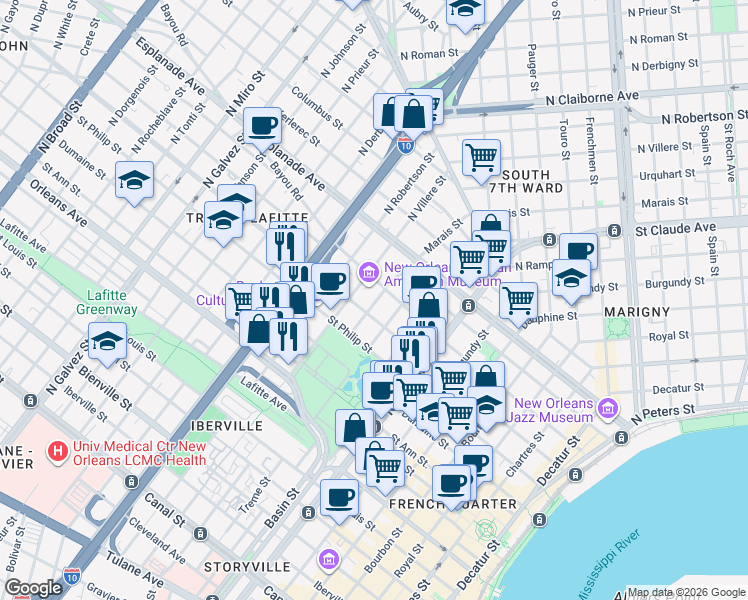 map of restaurants, bars, coffee shops, grocery stores, and more near 1123 Marais Street in New Orleans