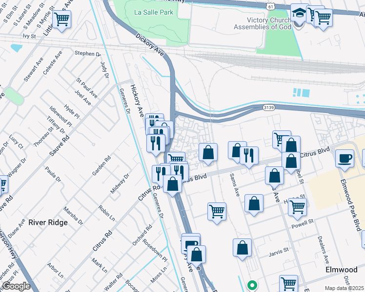 map of restaurants, bars, coffee shops, grocery stores, and more near 2028 Oak Creek Rd in Elmwood