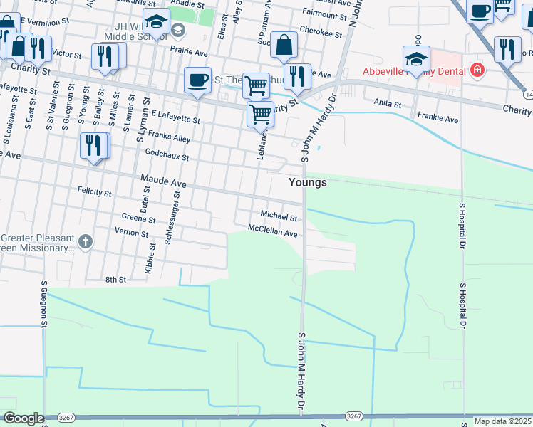 map of restaurants, bars, coffee shops, grocery stores, and more near 1801 Michael Street in Abbeville
