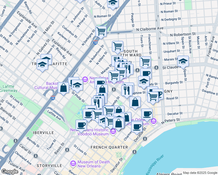 map of restaurants, bars, coffee shops, grocery stores, and more near 1241 North Rampart Street in New Orleans