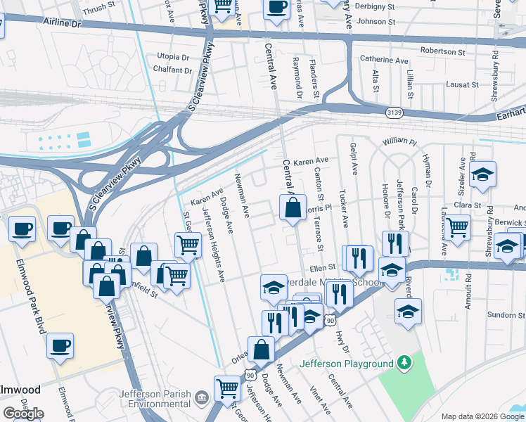 map of restaurants, bars, coffee shops, grocery stores, and more near 4452 Markham Avenue in Jefferson