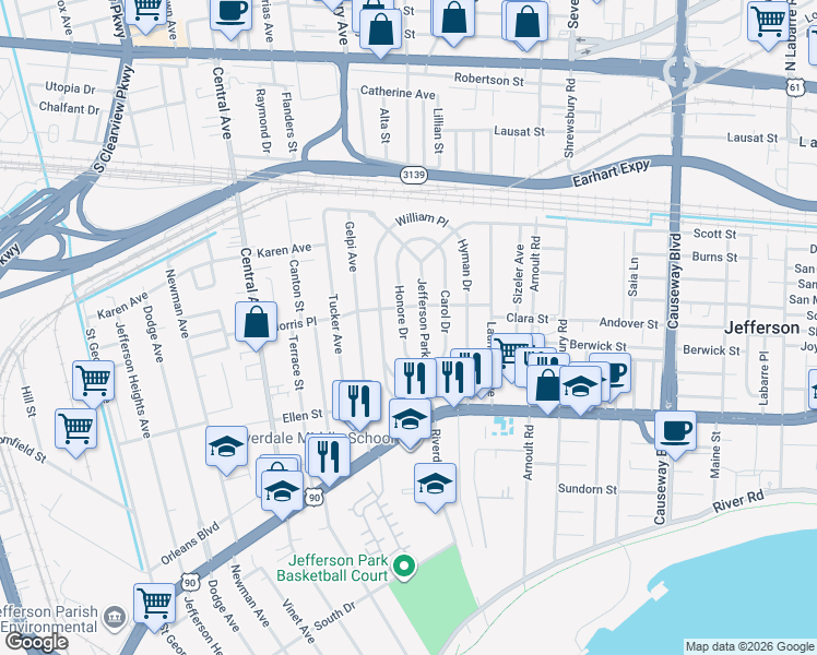 map of restaurants, bars, coffee shops, grocery stores, and more near 542 Jefferson Park Avenue in Jefferson