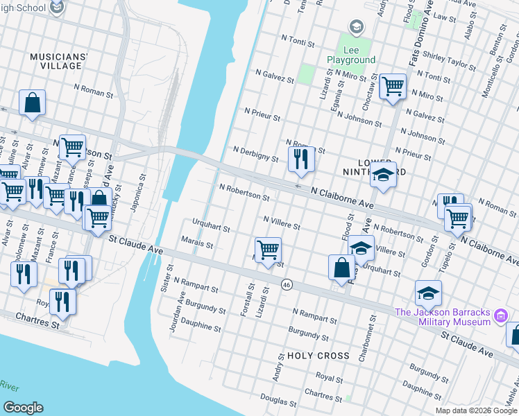map of restaurants, bars, coffee shops, grocery stores, and more near 1333 Reynes Street in New Orleans