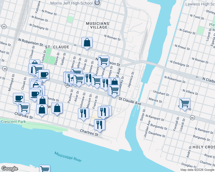 map of restaurants, bars, coffee shops, grocery stores, and more near 1128 Poland Avenue in New Orleans