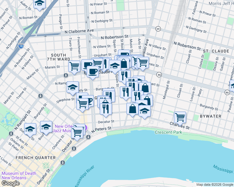 map of restaurants, bars, coffee shops, grocery stores, and more near 2460 Dauphine Street in New Orleans