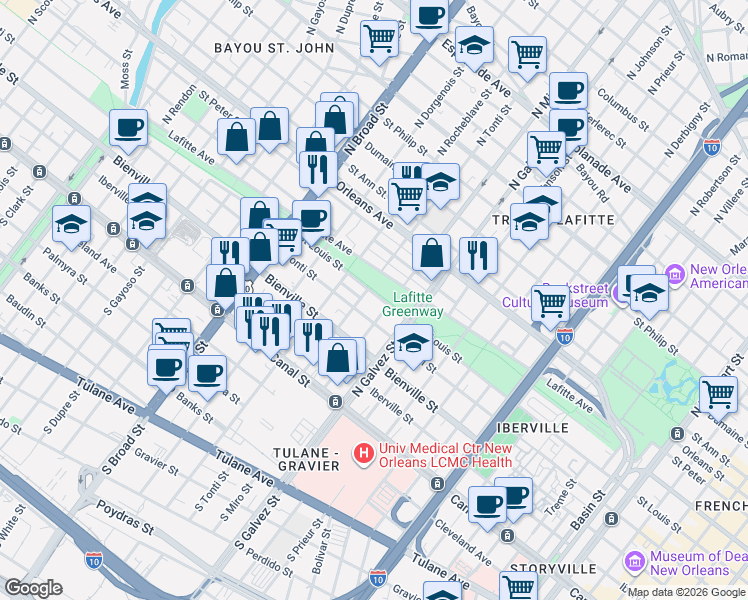 map of restaurants, bars, coffee shops, grocery stores, and more near 2309 Conti Street in New Orleans