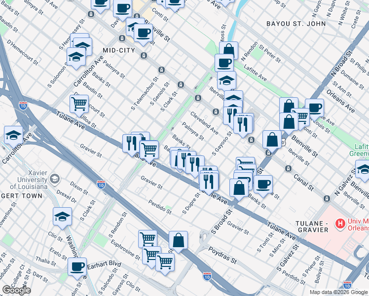 map of restaurants, bars, coffee shops, grocery stores, and more near 416 South Lopez Street in New Orleans