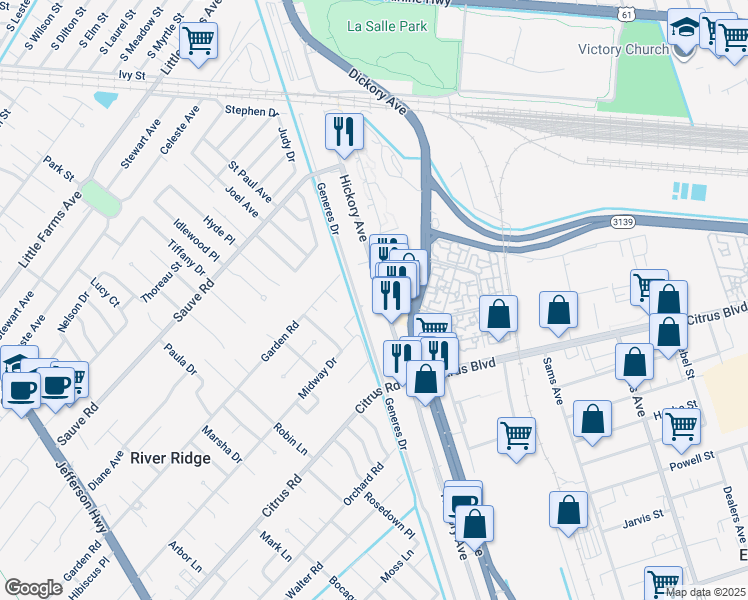 map of restaurants, bars, coffee shops, grocery stores, and more near 1913 Generes Drive in Harahan