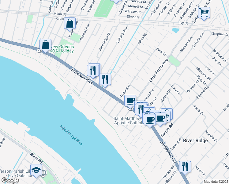 map of restaurants, bars, coffee shops, grocery stores, and more near 10501 Jefferson Highway in River Ridge