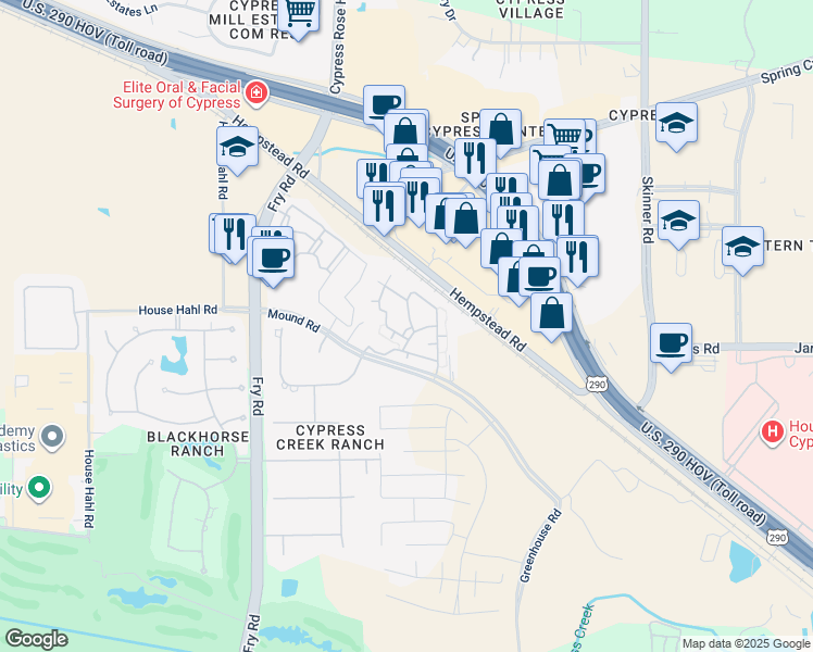 map of restaurants, bars, coffee shops, grocery stores, and more near 17802 Mound Road in Cypress