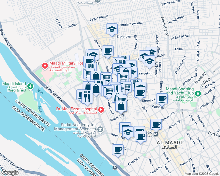 map of restaurants, bars, coffee shops, grocery stores, and more near Street 105 in Al Maadi