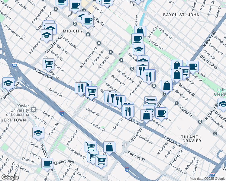 map of restaurants, bars, coffee shops, grocery stores, and more near 416 South Lopez Street in New Orleans