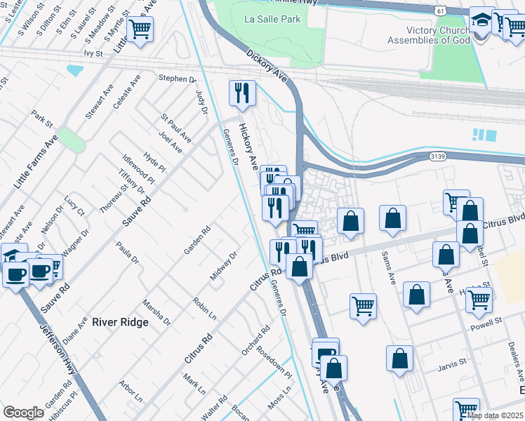 map of restaurants, bars, coffee shops, grocery stores, and more near 1913 Generes Drive in Harahan