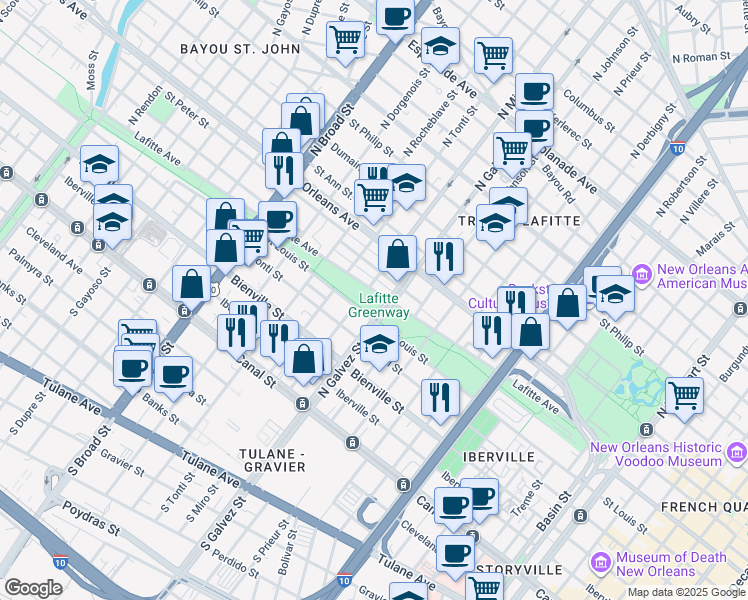 map of restaurants, bars, coffee shops, grocery stores, and more near 2200 Lafitte Avenue in New Orleans