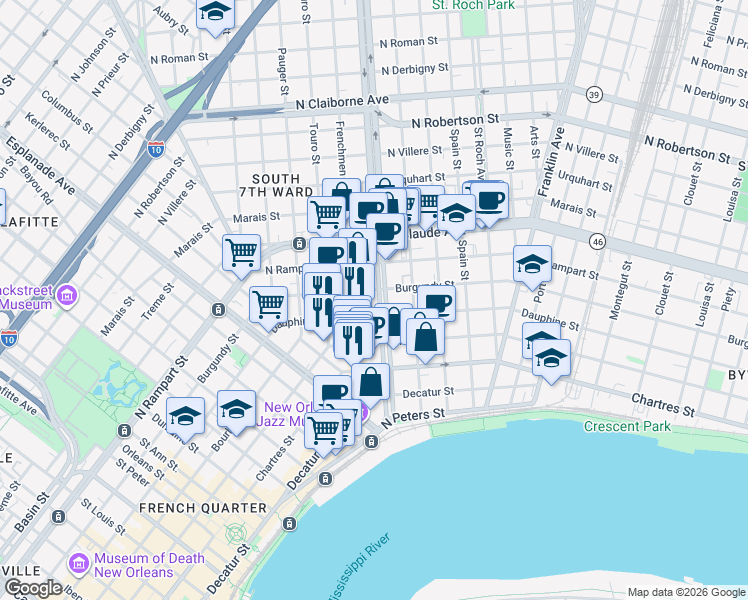 map of restaurants, bars, coffee shops, grocery stores, and more near 824 Elysian Fields Avenue in New Orleans