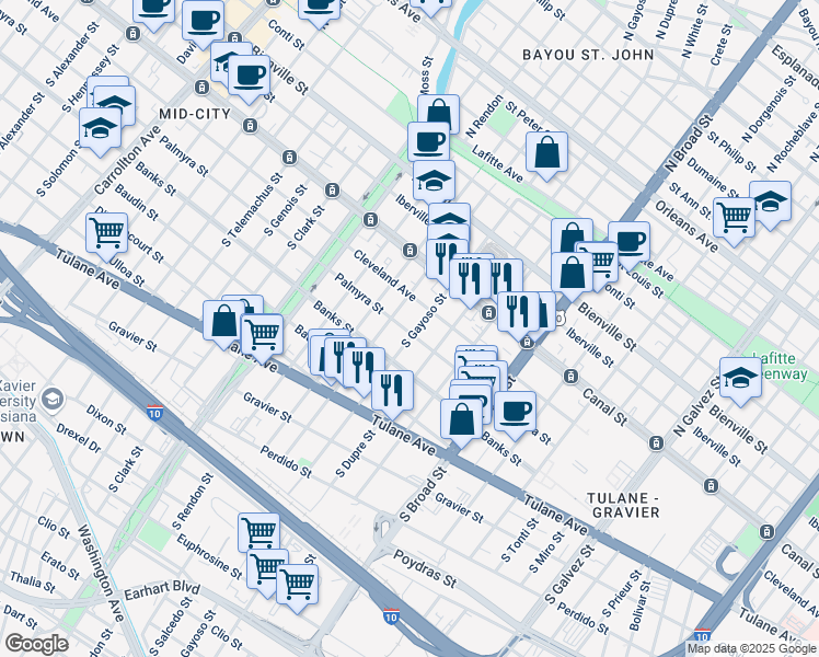 map of restaurants, bars, coffee shops, grocery stores, and more near 2910 Palmyra Street in New Orleans
