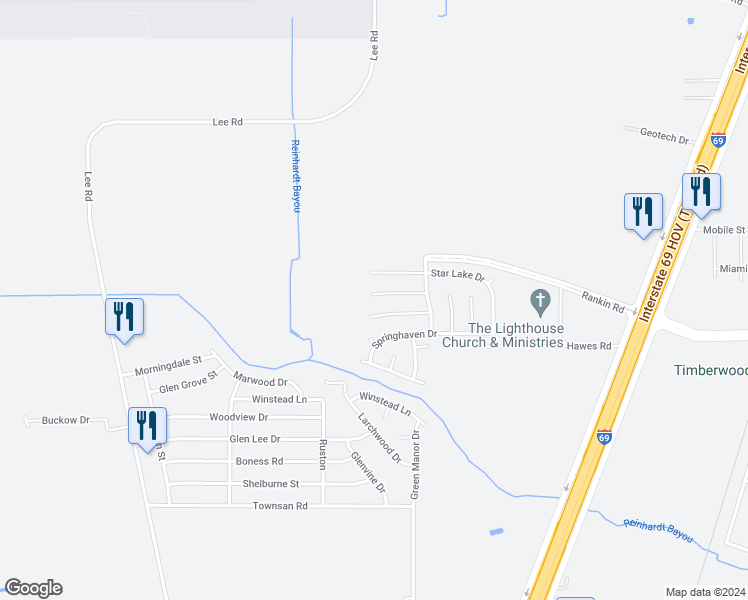 map of restaurants, bars, coffee shops, grocery stores, and more near 6110 Rockbourne Drive in Humble