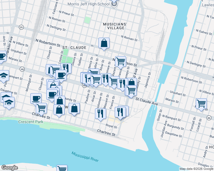 map of restaurants, bars, coffee shops, grocery stores, and more near 4036 Saint Claude Avenue in New Orleans