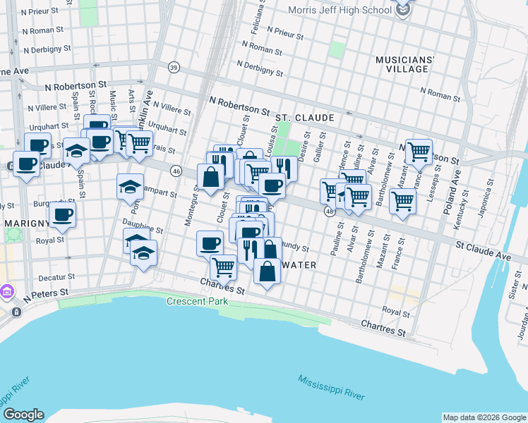 map of restaurants, bars, coffee shops, grocery stores, and more near 929 Piety Street in New Orleans
