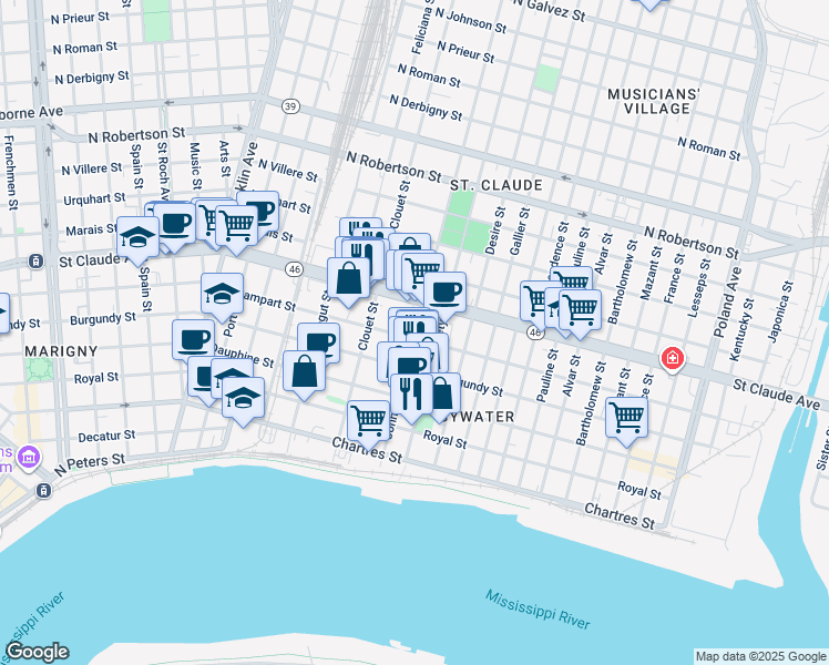 map of restaurants, bars, coffee shops, grocery stores, and more near 3147 Burgundy Street in New Orleans