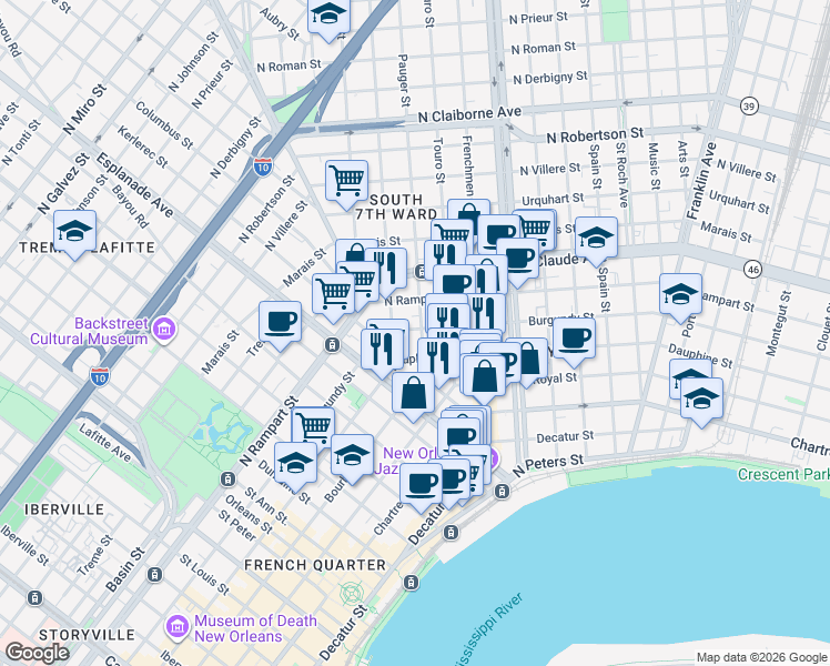 map of restaurants, bars, coffee shops, grocery stores, and more near 1507 Pauger Street in New Orleans