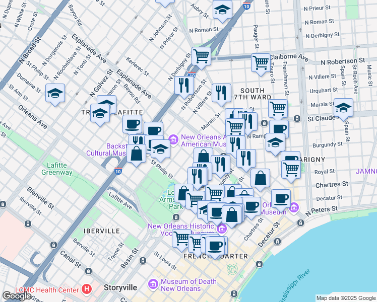 map of restaurants, bars, coffee shops, grocery stores, and more near 1203 Governor Nicholls Street in New Orleans