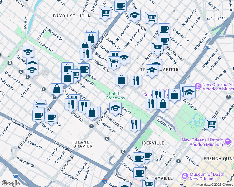 map of restaurants, bars, coffee shops, grocery stores, and more near in New Orleans
