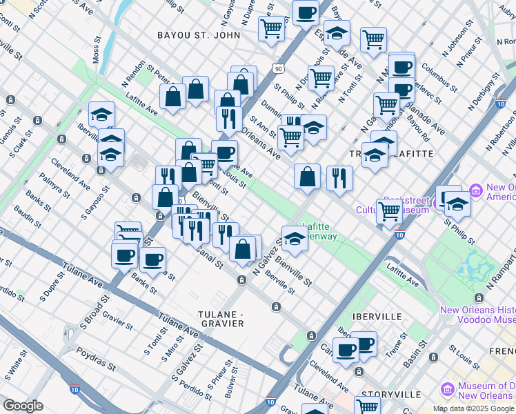 map of restaurants, bars, coffee shops, grocery stores, and more near 2309 Conti Street in New Orleans