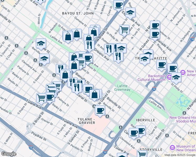map of restaurants, bars, coffee shops, grocery stores, and more near in New Orleans