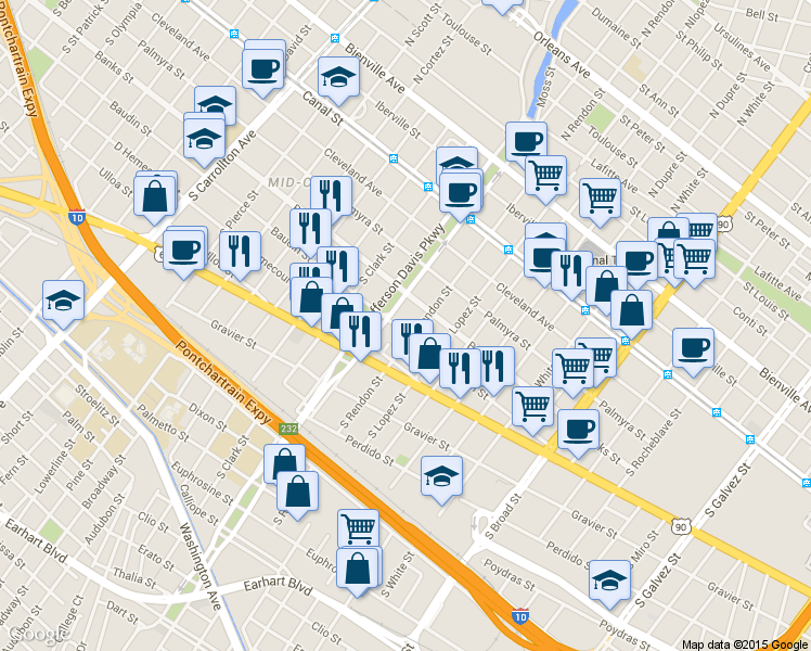map of restaurants, bars, coffee shops, grocery stores, and more near 504 South Rendon Street in New Orleans