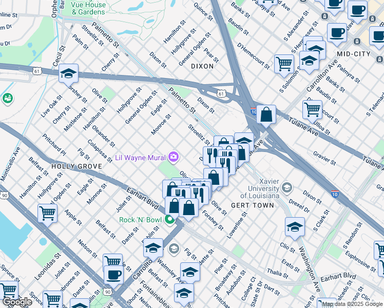 map of restaurants, bars, coffee shops, grocery stores, and more near 3500 Dante Street in New Orleans