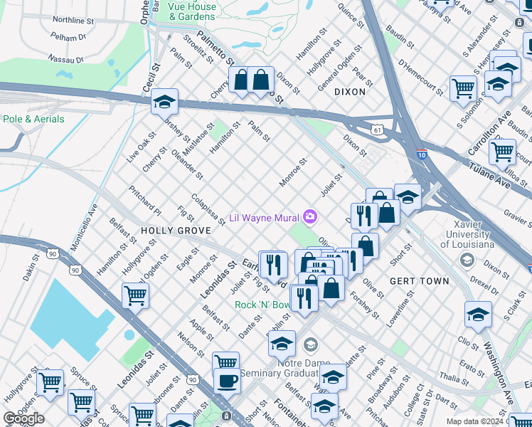 map of restaurants, bars, coffee shops, grocery stores, and more near 3202 Leonidas Street in New Orleans