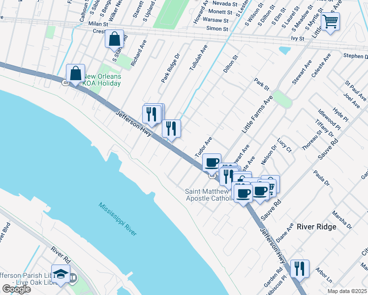 map of restaurants, bars, coffee shops, grocery stores, and more near 10501 Jefferson Highway in River Ridge