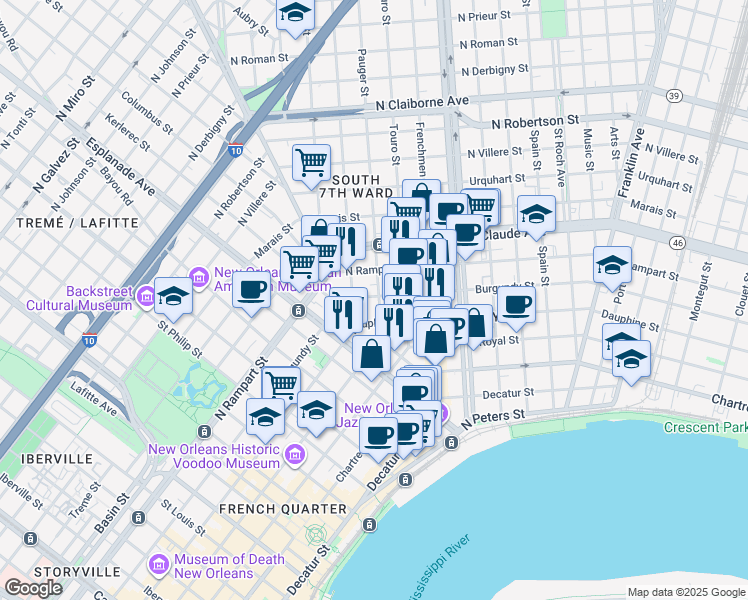 map of restaurants, bars, coffee shops, grocery stores, and more near 1507 Pauger Street in New Orleans
