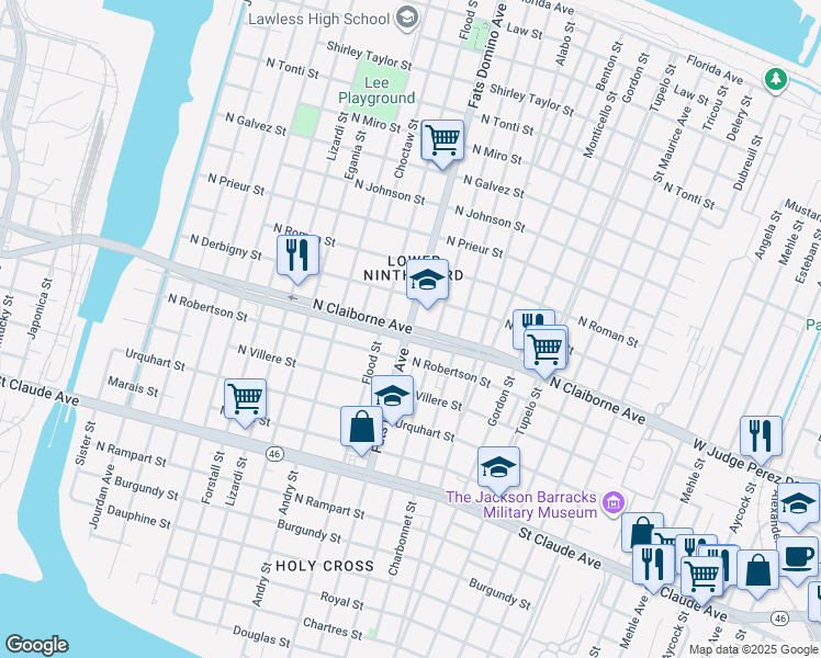 map of restaurants, bars, coffee shops, grocery stores, and more near Caffin Avenue in New Orleans