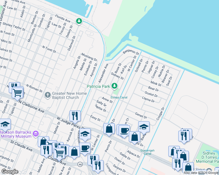 map of restaurants, bars, coffee shops, grocery stores, and more near 7221 Patricia Street in Arabi