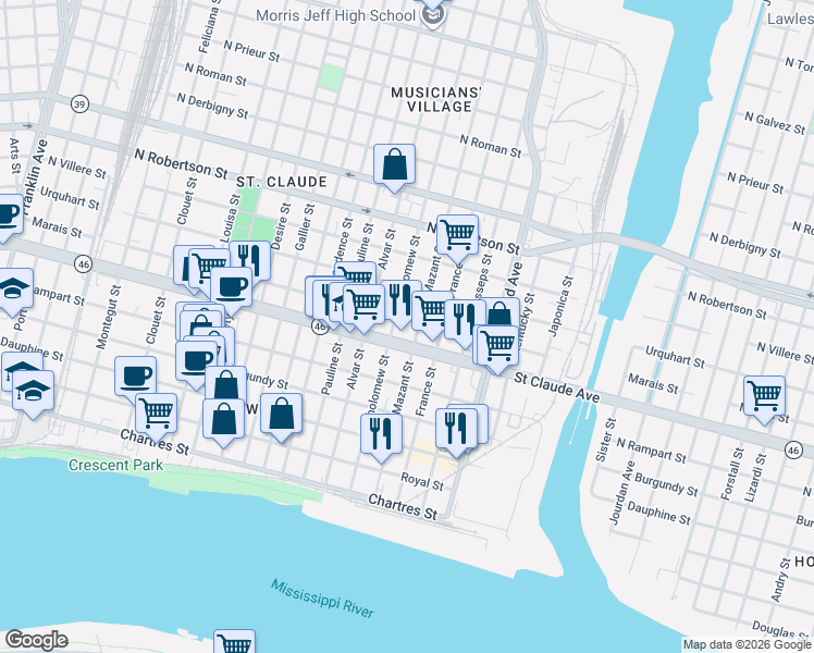 map of restaurants, bars, coffee shops, grocery stores, and more near 4036 Saint Claude Avenue in New Orleans