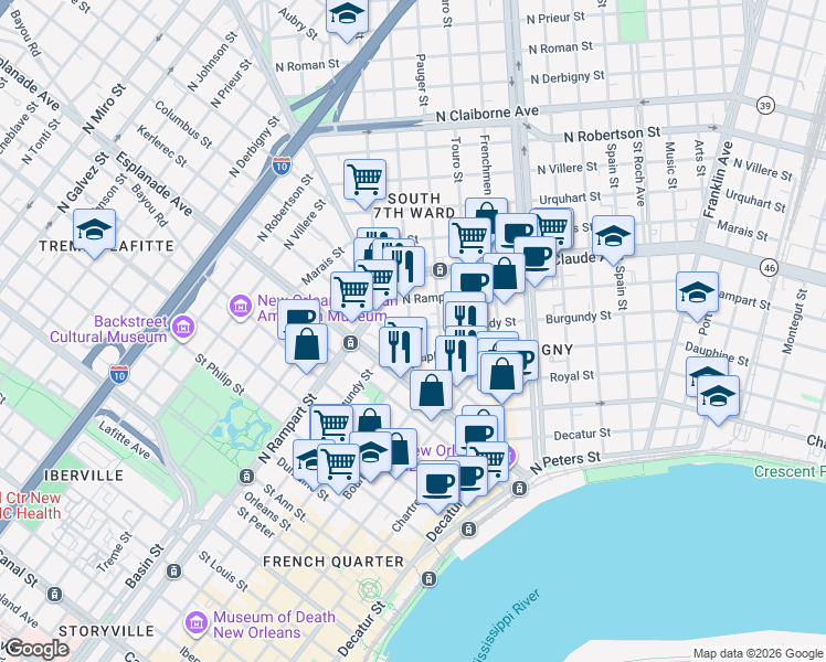 map of restaurants, bars, coffee shops, grocery stores, and more near in New Orleans