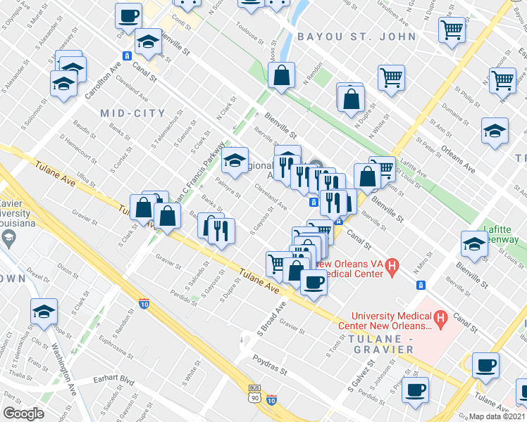 map of restaurants, bars, coffee shops, grocery stores, and more near 231 South Gayoso Street in New Orleans