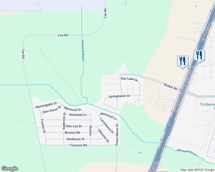 map of restaurants, bars, coffee shops, grocery stores, and more near 6118 Rockbourne Drive in Humble