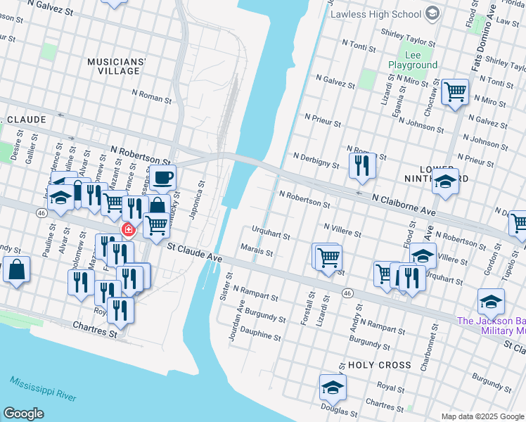 map of restaurants, bars, coffee shops, grocery stores, and more near 46595 Jourdan Avenue in New Orleans