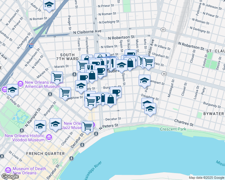 map of restaurants, bars, coffee shops, grocery stores, and more near 912 Marigny Street in New Orleans