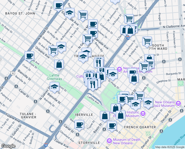 map of restaurants, bars, coffee shops, grocery stores, and more near in New Orleans