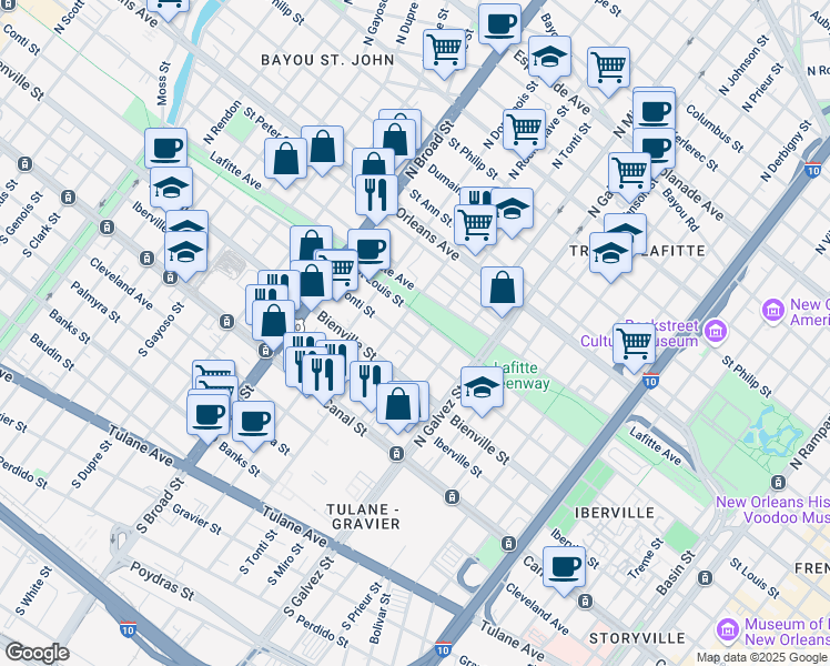 map of restaurants, bars, coffee shops, grocery stores, and more near 2500 Saint Louis Street in New Orleans