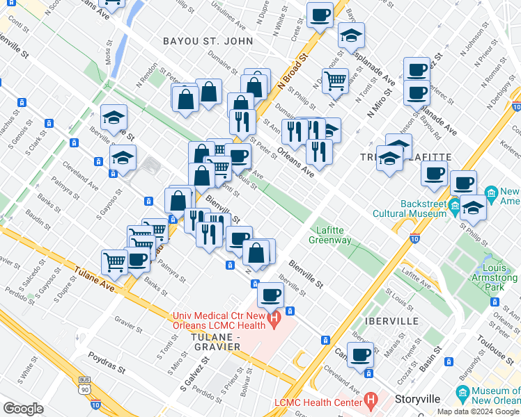 map of restaurants, bars, coffee shops, grocery stores, and more near 2500 Saint Louis Street in New Orleans