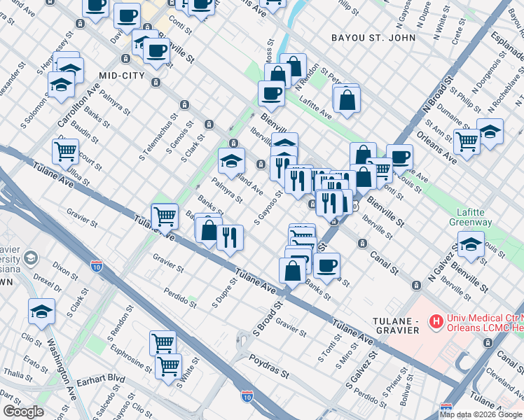 map of restaurants, bars, coffee shops, grocery stores, and more near 137 South Gayoso Street in New Orleans
