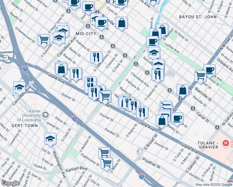 map of restaurants, bars, coffee shops, grocery stores, and more near 400 South Norman C Francis Parkway in New Orleans