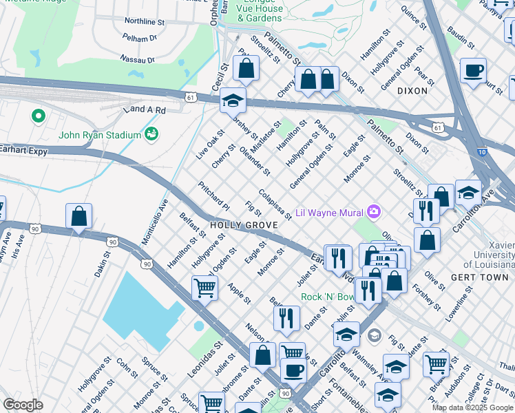 map of restaurants, bars, coffee shops, grocery stores, and more near 9008 Colapissa Street in New Orleans