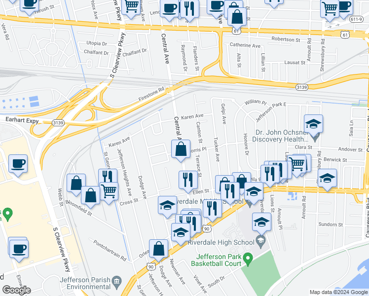 map of restaurants, bars, coffee shops, grocery stores, and more near 725 Central Avenue in Jefferson